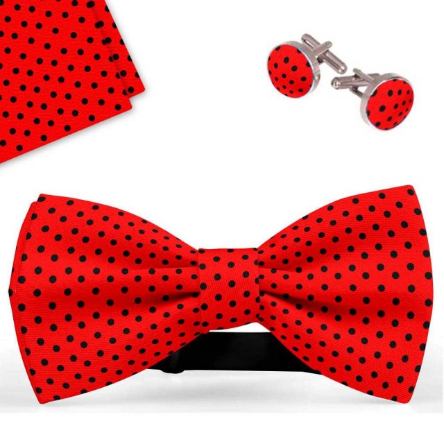 Set papion barbati, batista, butoni, rosu, buline negre mici